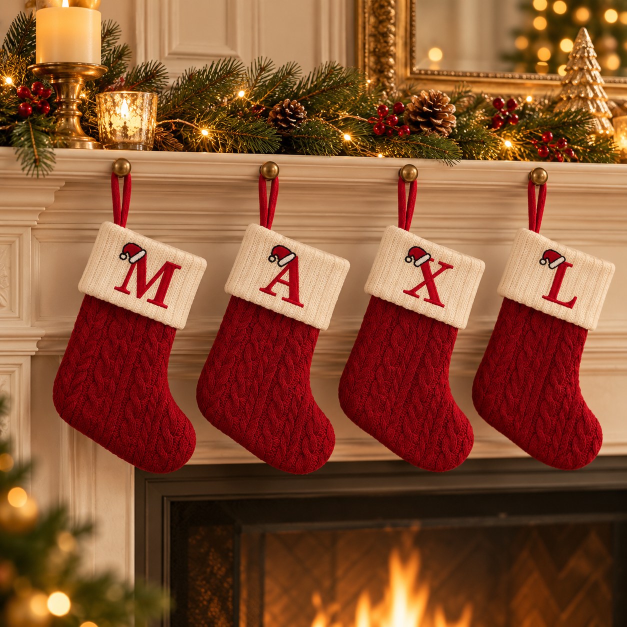 Chaussettes de Noël à initiale accrochées à la cheminée