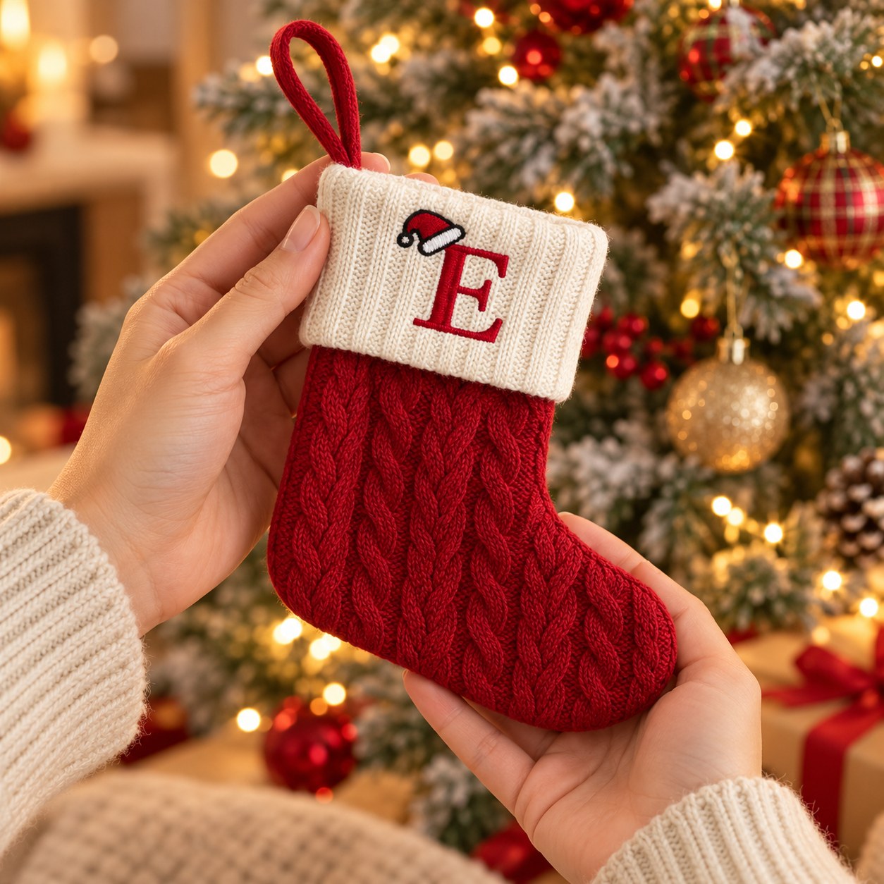 Chaussette de Noël à initiale tenue dans les mains