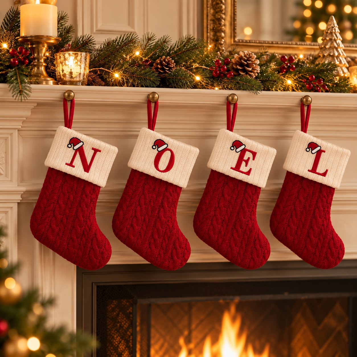Quatre chaussettes de Noël brodées N, O, E, L accrochées à la cheminée