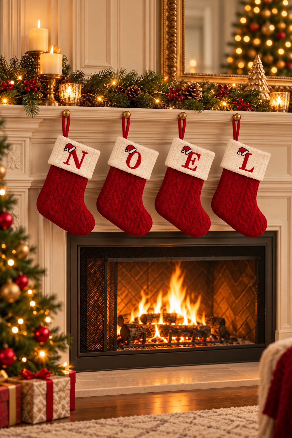 Quatre chaussettes de Noël brodées N, O, E, L accrochées à la cheminée