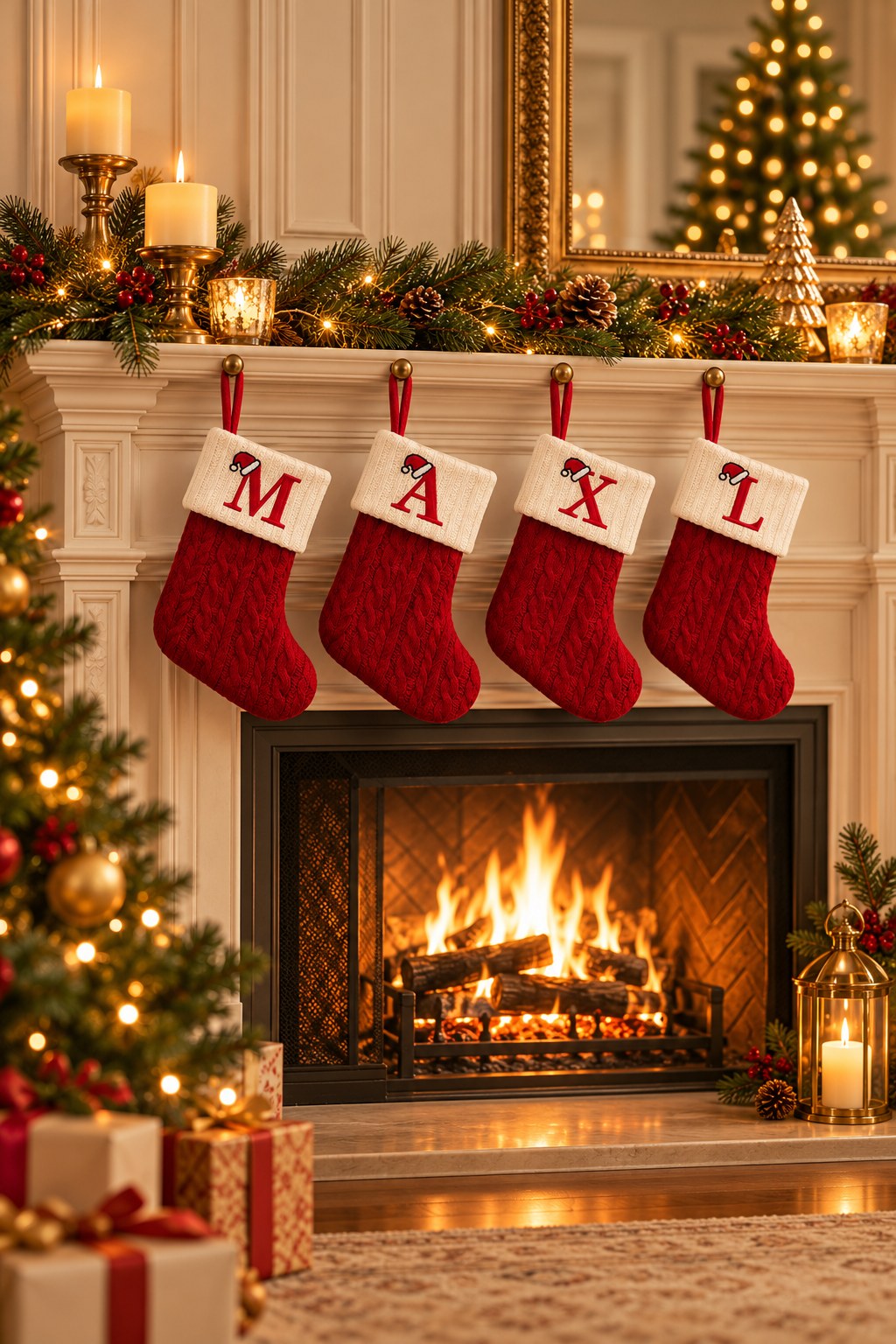 Chaussettes de Noël à initiale accrochées à la cheminée